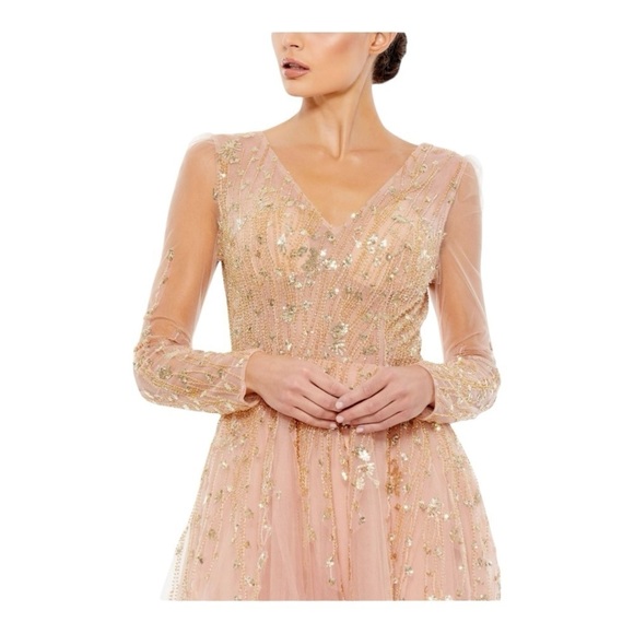 Mac Duggal Embellished V Neck Long Sleeve A Line Gown in Pink Champagne NWT - Picture 2 of 5